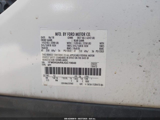 1FM5K8AR9JGC19040 Ford 3.7l ti-vct