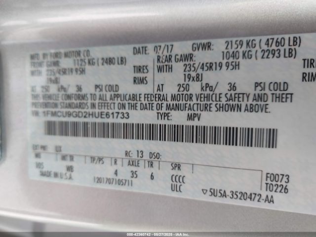 1FMCU9GD2HUE61733 Ford ESCAPE SE