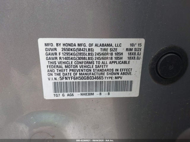 Honda j35y6 2016 5FNYF6H50GB034665 Image 9