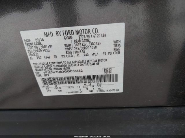 1FM5K7D83GGC38852 Ford EXPLORER XLT