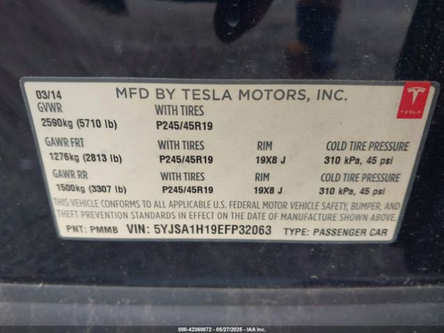 5YJSA1H19EFP32063 Tesla Model S P85