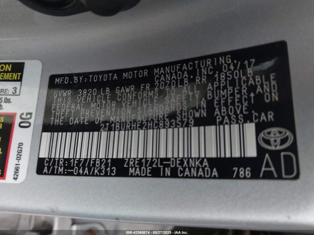2T1BURHE2HC893579 Toyota COROLLA LE