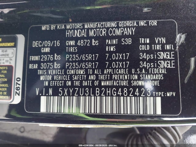 5XYZU3LB2HG482423 Hyundai gdi theta ii