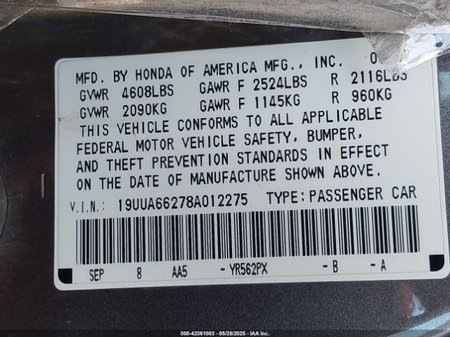 2008 ACURA TL 19UUA66278A012275 Photo 8