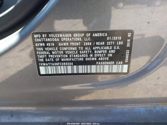 1VWAT7A39FC063034 Volkswagen Passat 1.8t Wolfsburg Edition