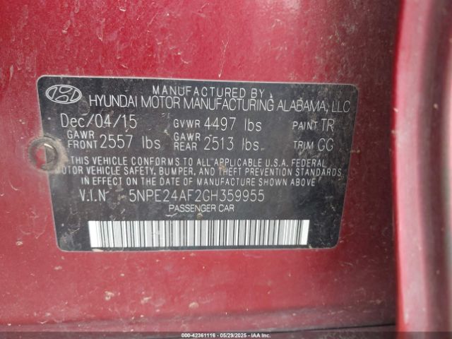 5NPE24AF2GH359955 Hyundai SONATA SE