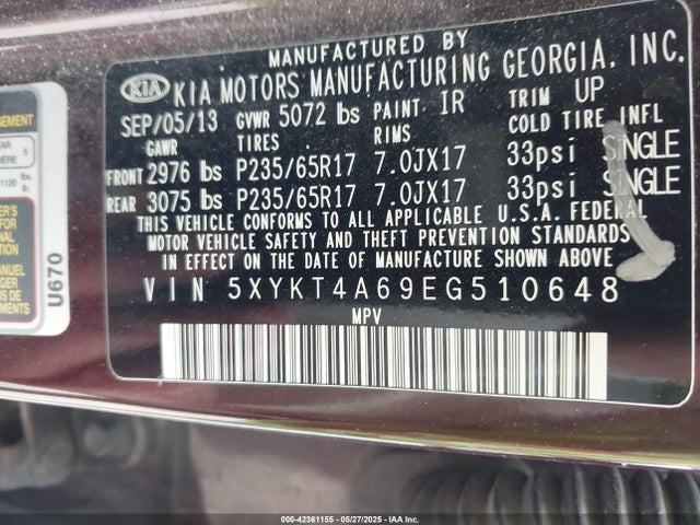 5XYKT4A69EG510648 KIA SORENTO LX