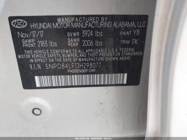 5NPD84LF1JH298077 Hyundai ELANTRA SEL