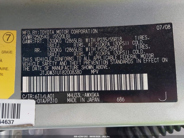 2008 Lexus Rx 400h მანქანა იყიდება აუქციონზე, vin: JTJGW31U182008380, აუქციონის ნომერი: 42361202