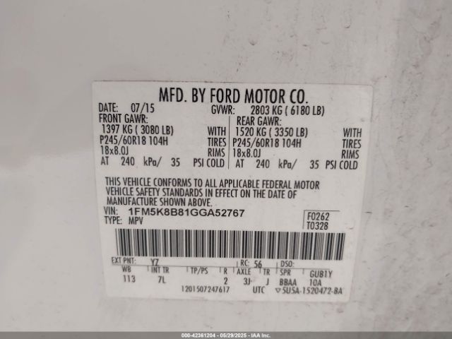 1FM5K8B81GGA52767 Ford Explorer