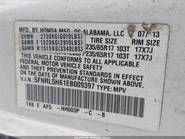 5FNRL5H61EB009397 Honda Odyssey Ex-l