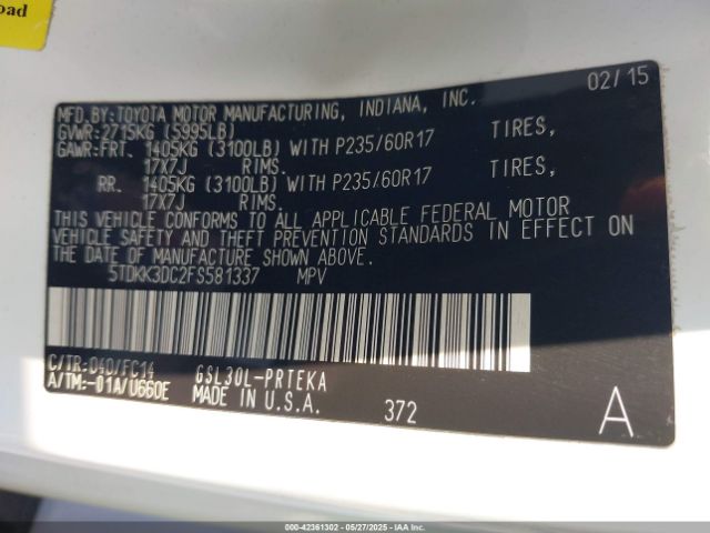 5TDKK3DC2FS581337 Toyota Sienna Le 8 Passenger