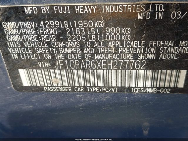 JF1GPAR6XEH277762 Subaru Impreza 2.0i Sport Limited