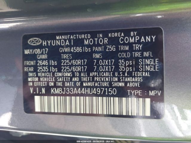 KM8J33A44HU497150 Hyundai TUCSON SE