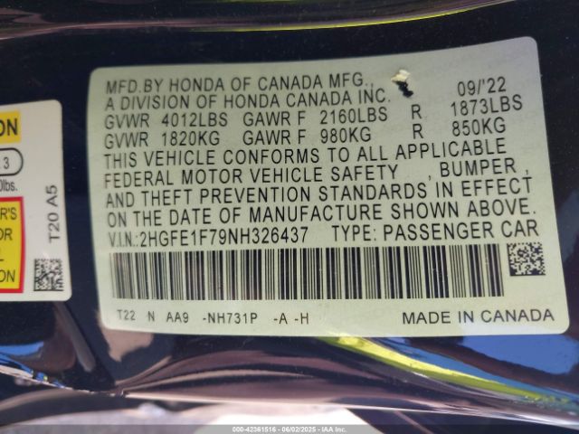 2HGFE1F79NH326437 Honda CIVIC EX
