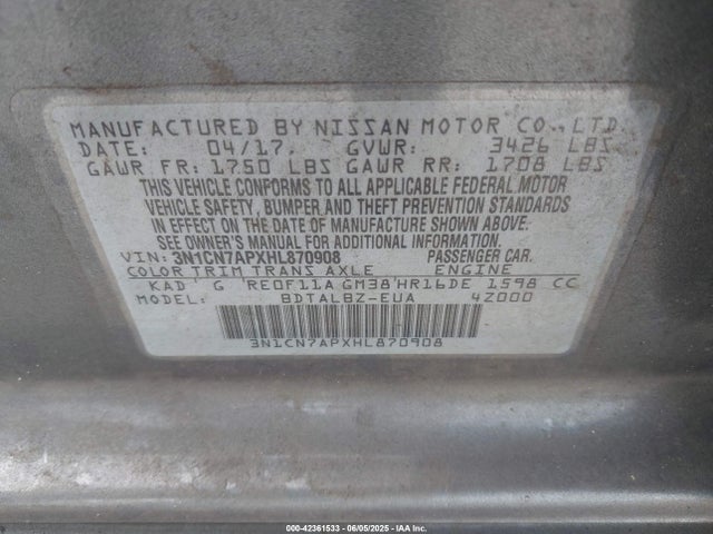 3N1CN7APXHL870908 Nissan Versa 1.6 Sv