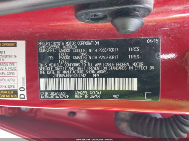 2015 TOYOTA 4RUNNER JTEBU5JR5F5251742 Photo 8