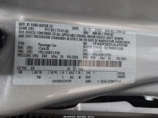 1FADP3E21JL275746 Ford FOCUS S
