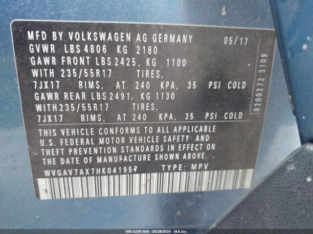 WVGAV7AX7HK041957 Volkswagen Tiguan 2.0t/2.0t S
