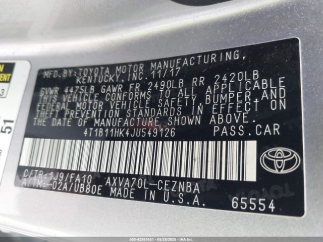 4T1B11HK4JU549126 Toyota CAMRY LE