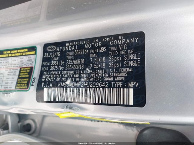 KM8SMDHF2HU209642 Hyundai Santa Fe Se