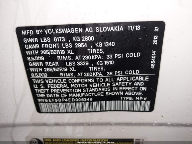 WVGEF9BP4ED006348 Volkswagen Touareg 3.6l Lux