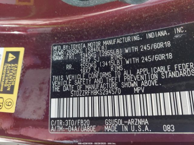 5TDZZRFH8KS294570 Toyota Highlander Le