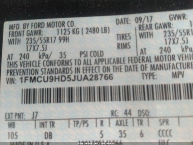 1FMCU9HD5JUA28766 Ford ESCAPE SEL