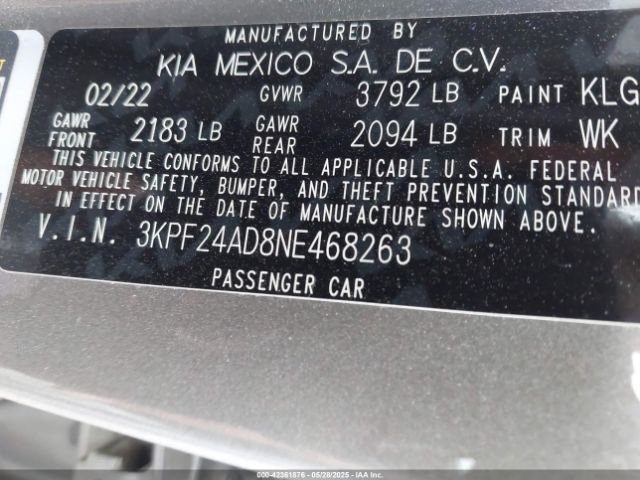 3KPF24AD8NE468263 KIA mpi nu