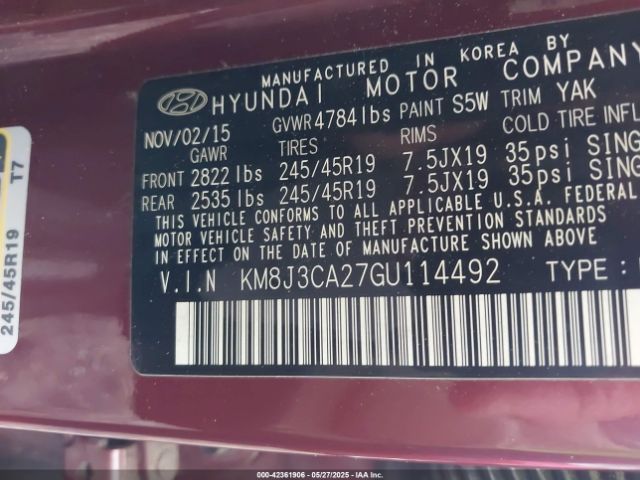 KM8J3CA27GU114492 Hyundai Tucson Limited