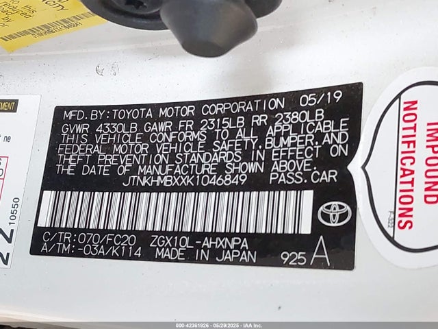JTNKHMBXXK1046849 Toyota 3zr-fae
