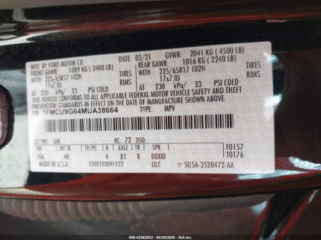 2021 FORD ESCAPE 1FMCU9G64MUA38664 Photo 8