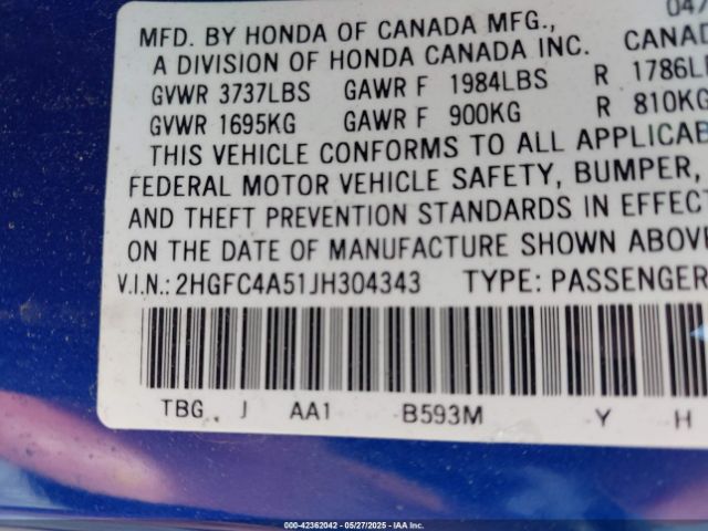 2HGFC4A51JH304343 Honda Civic Lx