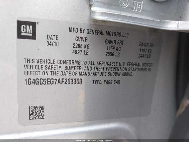 Aukcja sprzedaży 2010 Buick Lacrosse Cxl, vin: 1G4GC5EG7AF263363, numer aukcji: 42362281