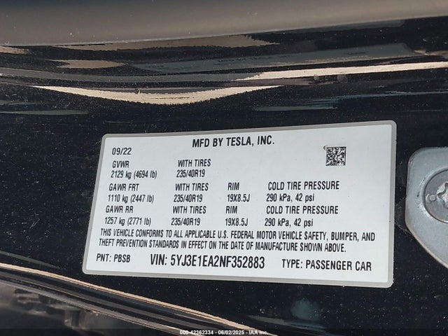 2022 TESLA MODEL 3 5YJ3E1EA2NF352883 Photo 8