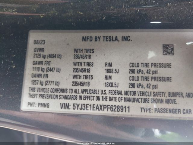 5YJ3E1EAXPF628911 Tesla 2023