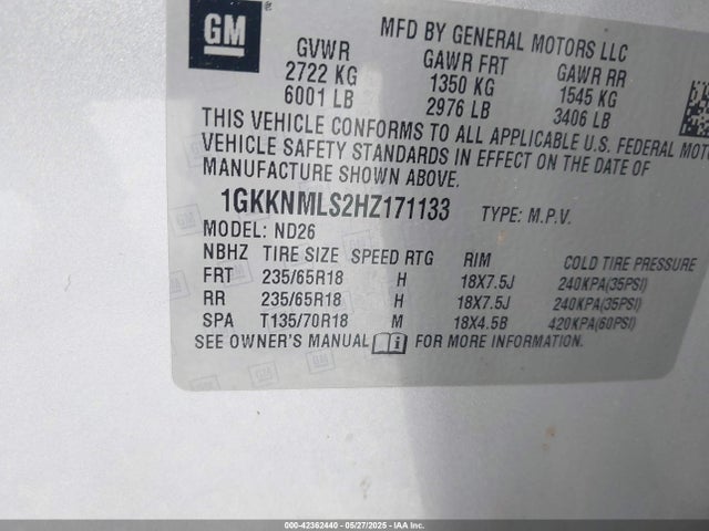 1GKKNMLS2HZ171133 GMC lgx - di: direct injection, vvt: variable valve timing, alum, gen 2