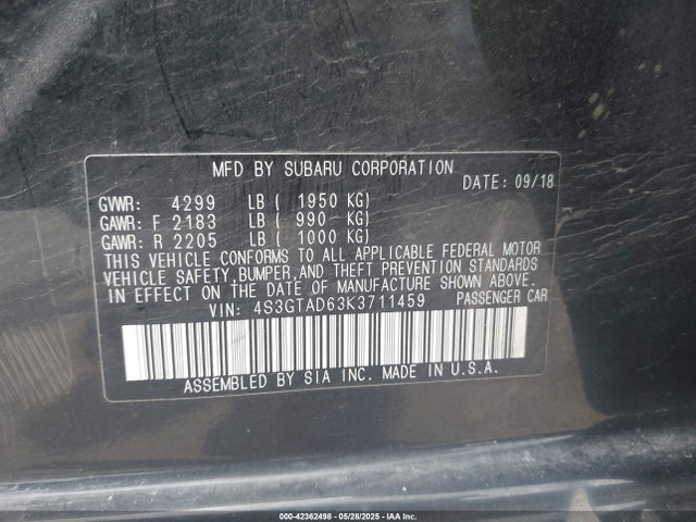 4S3GTAD63K3711459 Subaru 2019