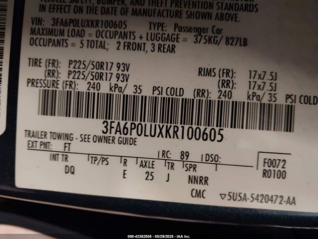 2019 FORD FUSION HYBRID 3FA6P0LUXKR100605 Photo 8