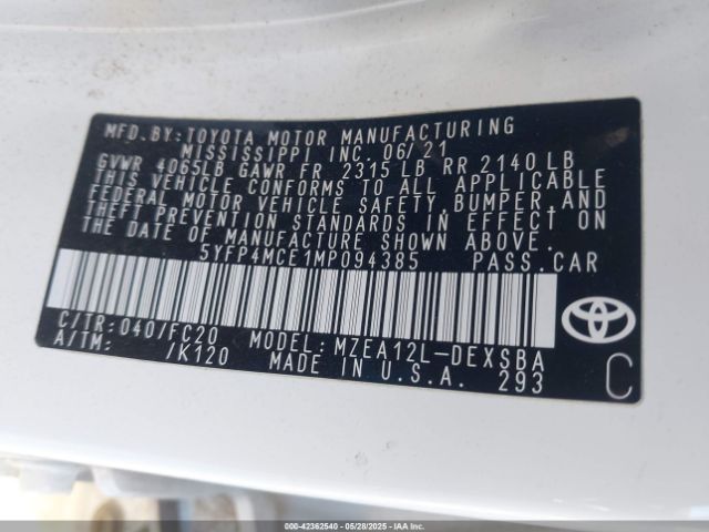 5YFP4MCE1MP094385 Toyota COROLLA SE
