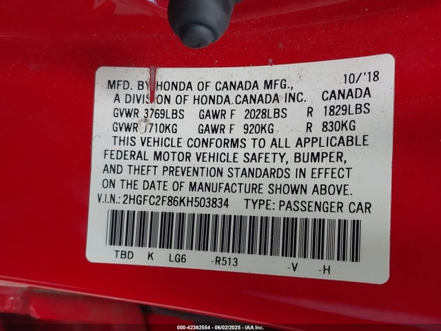 Honda k20c2 2019 2HGFC2F86KH503834 Image 9