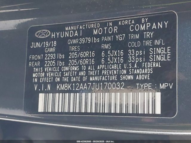 KM8K12AA7JU170032 Hyundai Kona Se