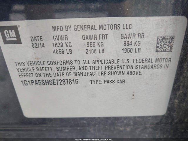 1G1PA5SH6E7287816 Chevrolet Cruze Ls Auto