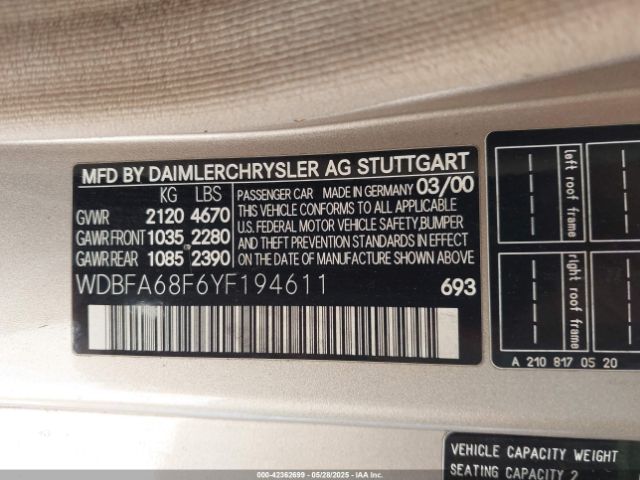 2000 MERCEDES-BENZ SL 500 WDBFA68F6YF194611 Photo 8