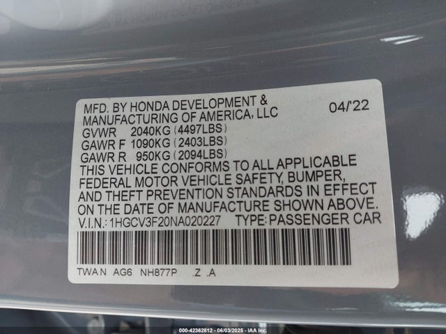 1HGCV3F20NA020227 Honda lfb2