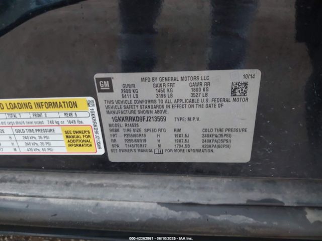 1GKKRRKD9FJ213569 GMC Acadia Slt-1