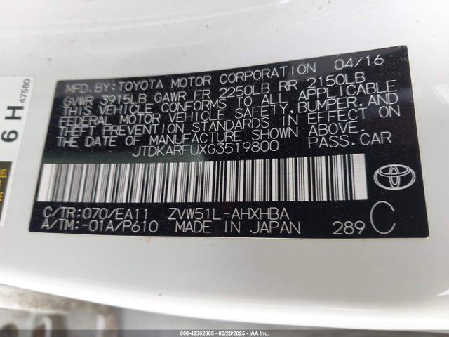 JTDKARFUXG3519800 Toyota 2zr-fxe,1nm