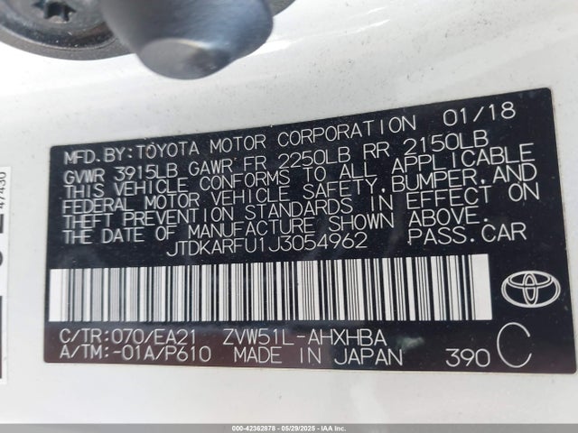 JTDKARFU1J3054962 Toyota 2zr-fxe,1nm