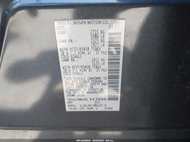 42362942 :رقم المزاد ، 5N1AL0MN3DC343886 vin ، 2013 Infiniti Jx35 مزاد بيع