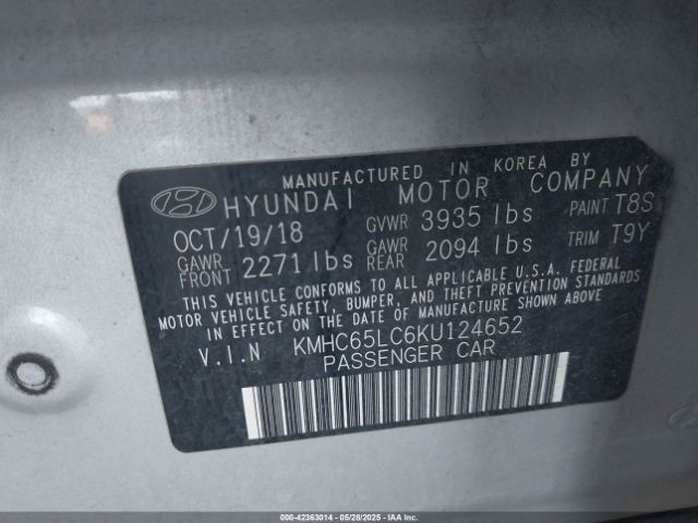 KMHC65LC6KU124652 Hyundai Ioniq Hybrid Blue